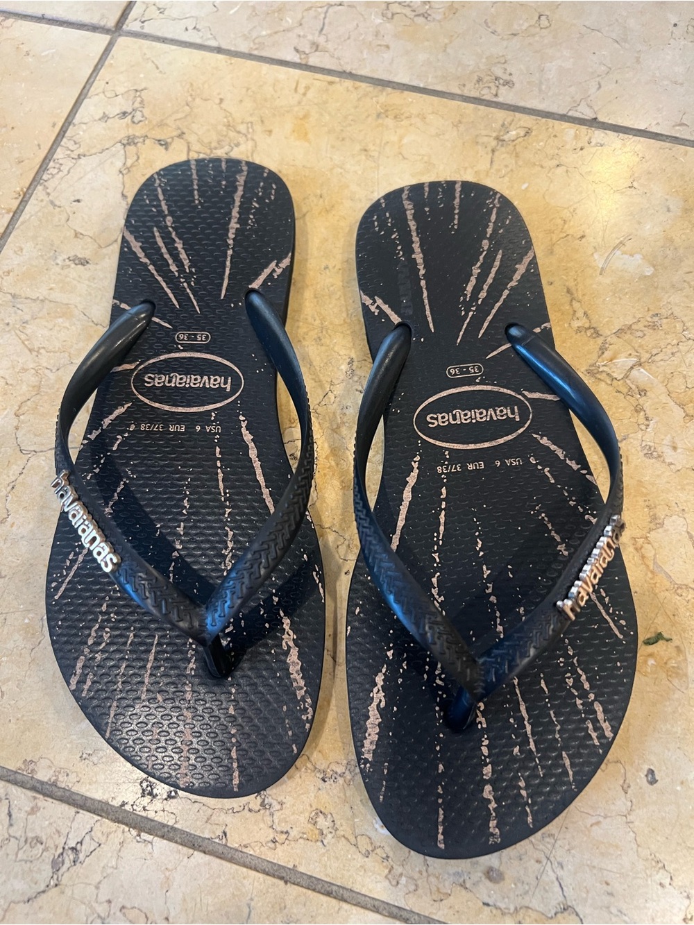 Havaianas Black Flip Flops with Light Brown Print